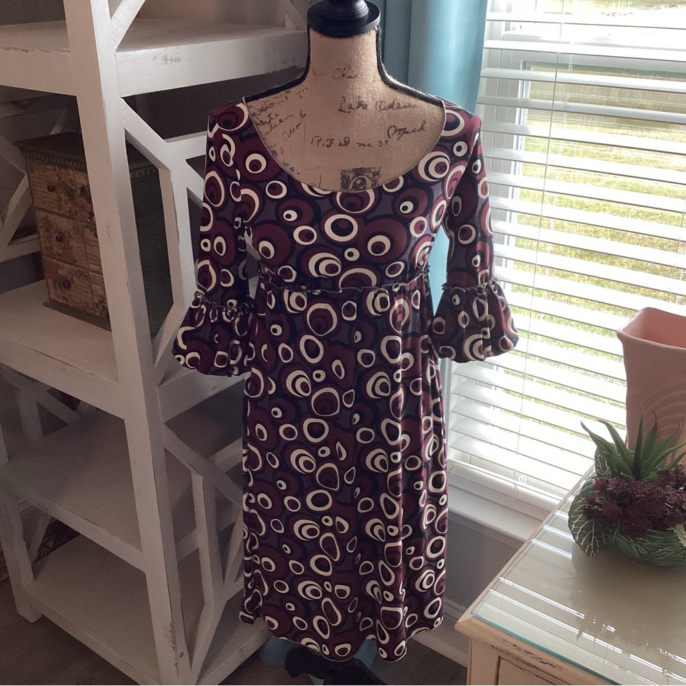 Max Studio Burgundy, Cream, and Purple Patterned Dress with 3/4 Length sleeves.